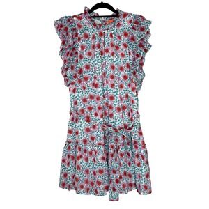 Oliphant Jardin Turquoise Flirty Ruffle Hem Floral Cotton Mini Dress XXL NWT